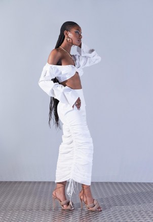aazhia x missguided white ruched side maxi skirt ~ womens going out skirts ~ women’s on trend evening fashion - flipped