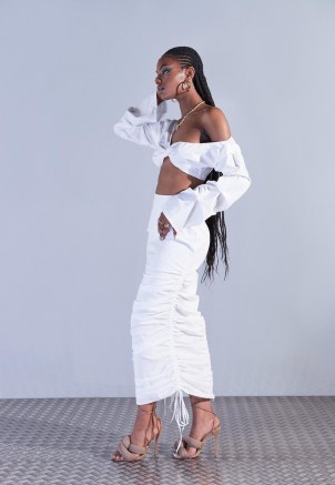 aazhia x missguided white ruched side maxi skirt ~ womens going out skirts ~ women’s on trend evening fashion