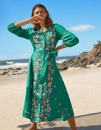 BODEN Addie Linen Midi Dress Leafy Green, Placement Print / floral tie waist dresses