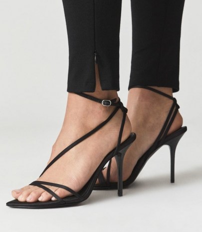 REISS ADELA SATIN STRAPPY SANDALS BLACK ~ skinny strap pointed toe stiletto heels - flipped