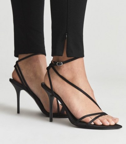REISS ADELA SATIN STRAPPY SANDALS BLACK ~ skinny strap pointed toe stiletto heels
