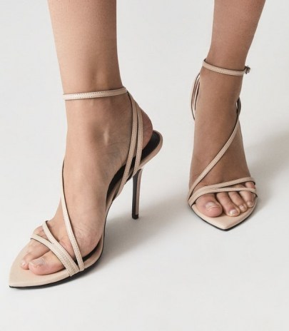 REISS ADELA LEATHER STRAPPY SANDALS BLUSH ~ womens luxe heels ~ light pink ankle strap stilettos - flipped