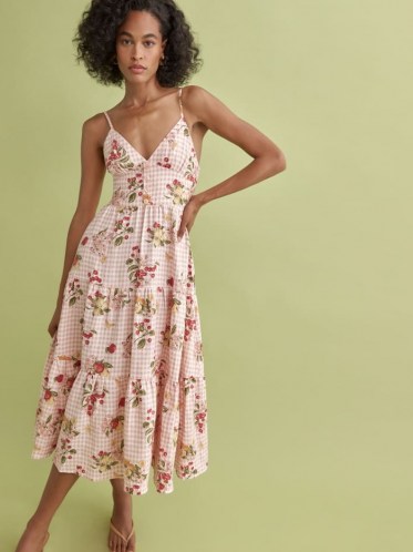 REFORMATION Adria Linen Dress in Nectarine / cami strap fit and flare dresses / fruit print summer fashion / check prints - flipped