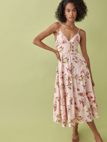 REFORMATION Adria Linen Dress in Nectarine / cami strap fit and flare dresses / fruit print summer fashion / check prints