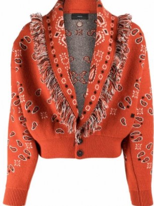 Alanui bandana-print frayed cardigan ~ womens fringed shawl collar cardigans - flipped