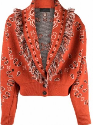 Alanui bandana-print frayed cardigan ~ womens fringed shawl collar cardigans