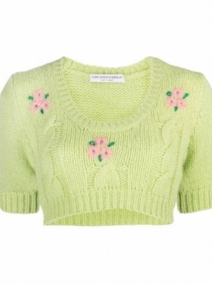 Alessandra Rich embroidered green cable-knit crop top | vintage style knitwear | knitted floral short sleeve crop hem tops - flipped