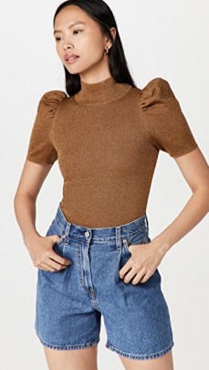 alice + olivia Issa Pullover Sweater | camel brown high neck puff sleeve sweaters | metallic knit jumpers | womens feminine knitwear - flipped