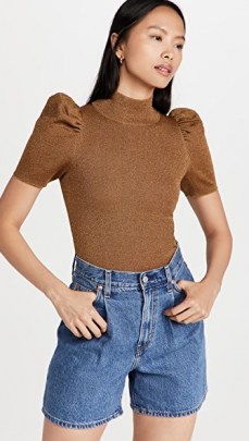 alice + olivia Issa Pullover Sweater | camel brown high neck puff sleeve sweaters | metallic knit jumpers | womens feminine knitwear