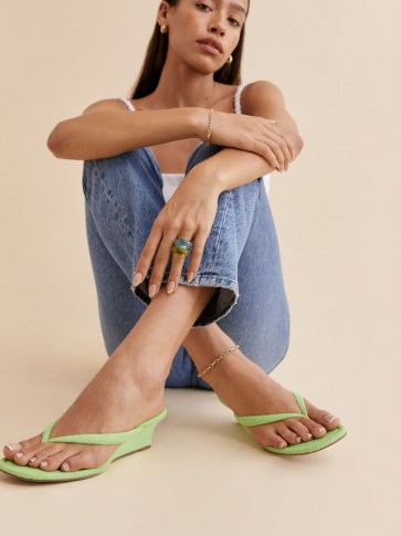 REFORMATION Amelia Terry Thong Wedge Sandal in Poison Apple / green textured terry knit fabric sandals / thonged wedged heels - flipped