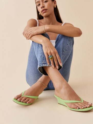 REFORMATION Amelia Terry Thong Wedge Sandal in Poison Apple / green textured terry knit fabric sandals / thonged wedged heels