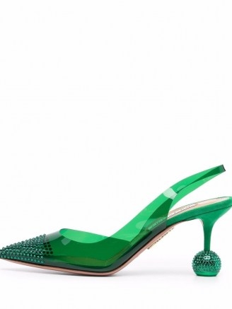 Aquazzura Nights green embellished slingback pumps ~ semi sheer pointed toe slingbacks ~ sculptural heels