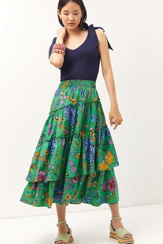 Maeve Tiered Asymmetrical Maxi Skirt Green Motif / womens layered ruffle trim skirts / floral print fashion / women’s organic cotton summer clothing - flipped
