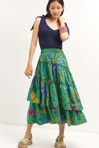 Maeve Tiered Asymmetrical Maxi Skirt Green Motif / womens layered ruffle trim skirts / floral print fashion / women’s organic cotton summer clothing
