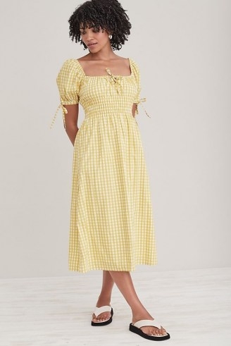 Faithful the Brand Flora Midi Dress Yellow / tie detail check print dresses / womens summer fashion - flipped