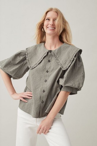 Selected Femme Cona Shirt Olive / womens green checked oversized collar puff sleeve shirts - flipped