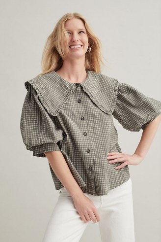 Selected Femme Cona Shirt Olive / womens green checked oversized collar puff sleeve shirts