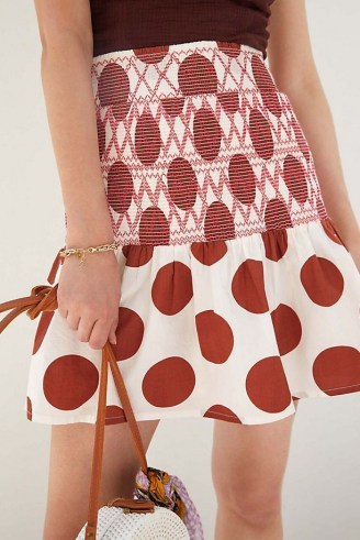 Maeve Smocked Mini Skirt Ivory / womens spot print flared hem skirts / large polka dot prints - flipped
