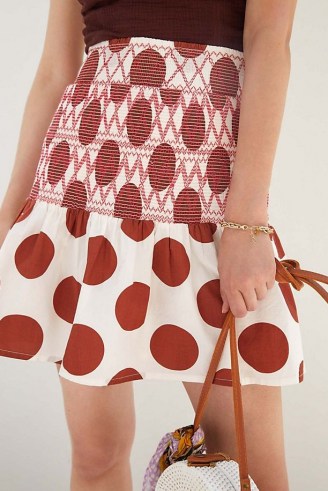 Maeve Smocked Mini Skirt Ivory / womens spot print flared hem skirts / large polka dot prints