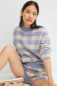 Daily Practice by Anthropologie Gingham Knit Lounge Set Blue Motif / womens check print loungewear / long sleeve top and shorts co ord / women’s clothing sets