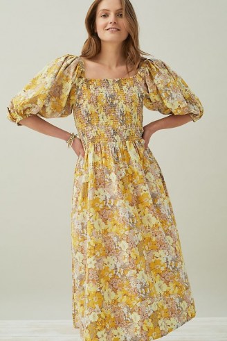 Stella Nova Penny Midi Dress | yellow floral puff sleeve cotton dresses - flipped