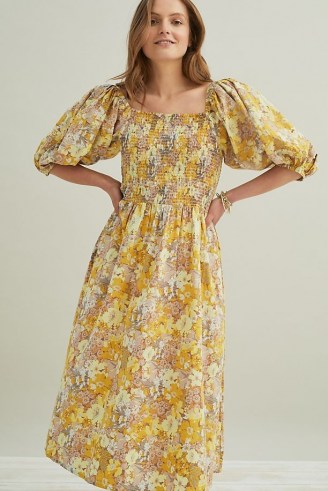 Stella Nova Penny Midi Dress | yellow floral puff sleeve cotton dresses