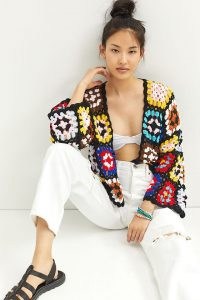 Anthropologie Colourblocked Square Crochet Cardigan | womens retro knitwear | women’s 70s vintage style knitted patterns | open front cardigans