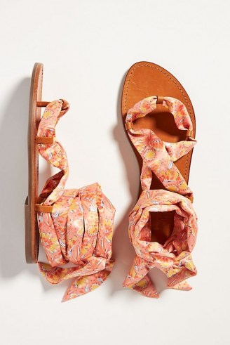 Vera for Anthropologie Scarf Gladiator Sandals Pink Combo | fabric ankle tie flats | floral gladiators | womens summer footwear - flipped