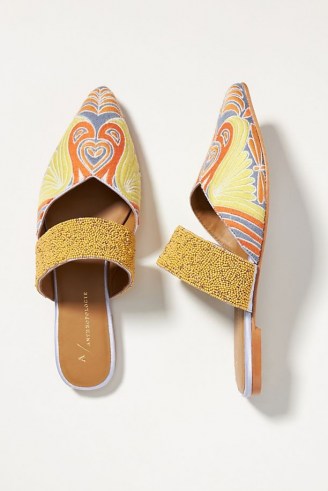 Anthropologie Butterfly Embroidered Mules | bead embellished pointed toe flats | womens slip on flat shoes | women’s beaded footwear