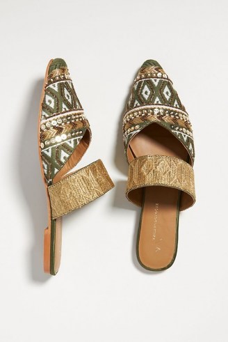 Anthropologie Tapestry Embroidered Mules Olive | women’s green luxe style embellished point toe flats | womens chic summer slip on flat shoes - flipped