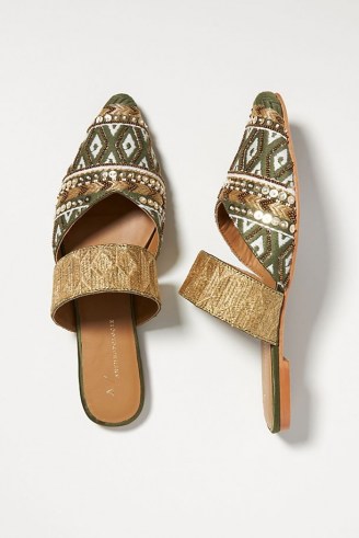 Anthropologie Tapestry Embroidered Mules Olive | women’s green luxe style embellished point toe flats | womens chic summer slip on flat shoes