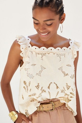 Maeve All-Over Lace Top Ivory ~ womens feminine sleeveless scalloped edge tops ~ cotton summer clothing ~ romantic fashion - flipped