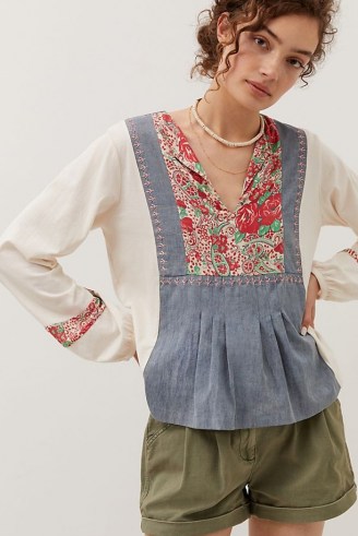 Tiny Floral Chambray Peasant Top | denim panel folk style tops | womens blouses - flipped