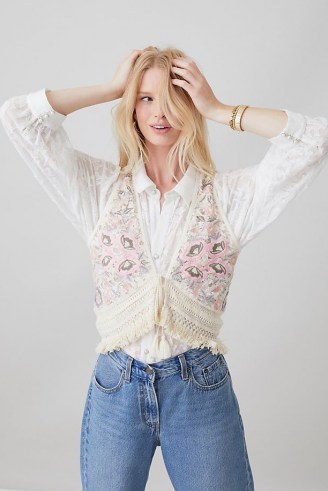 Anthropologie Knitted Embroidered Waistcoast | womens vintage style knitwear | women’s floral cotton waistcoats - flipped