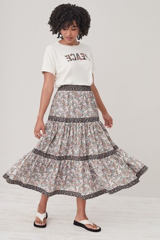Anthropologie Tiered Poplin Maxi Skirt | floral tier hem cotton skirts - flipped