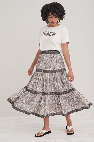 Anthropologie Tiered Poplin Maxi Skirt | floral tier hem cotton skirts