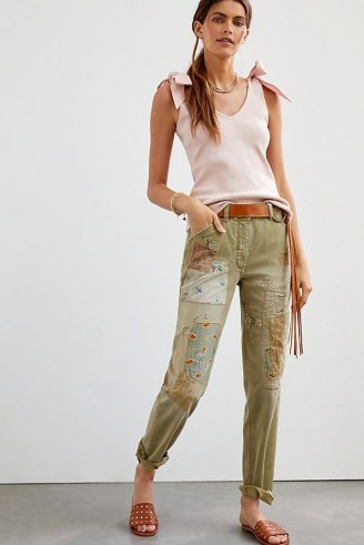 Pilcro The Wanderer Barrel Trousers Moss / womens green casual floral patchwork trousers - flipped