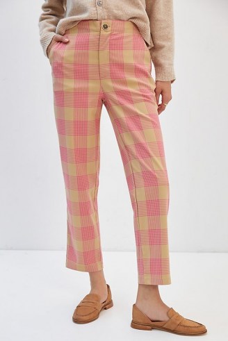Maeve Tapered Pull-On Trousers Pink Combo / womens check print pants - flipped