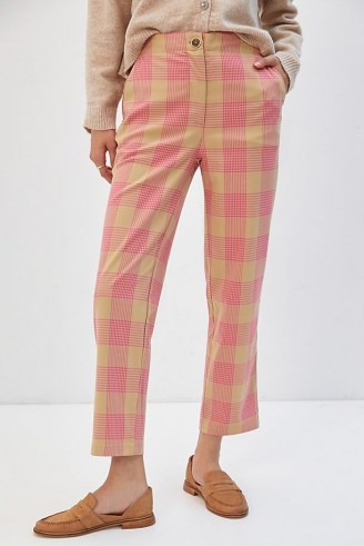 Maeve Tapered Pull-On Trousers Pink Combo / womens check print pants