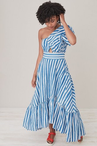SIKA Beeko Stripe-Print Dress Blue Motif – striped one shoulder tiered hem maxi dresses - flipped