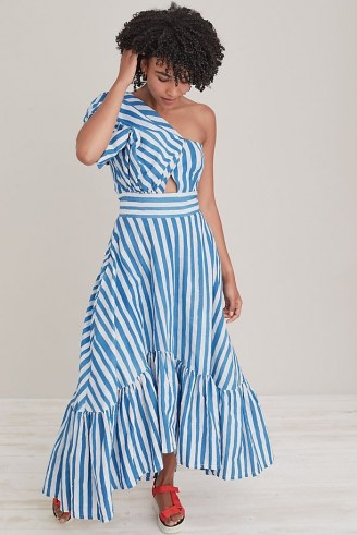 SIKA Beeko Stripe-Print Dress Blue Motif – striped one shoulder tiered hem maxi dresses