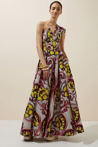 SIKA One-Shoulder Maxi Dress – one shoulder floral print fit and flare maxi dresses ~ statement occasion fashion - flipped