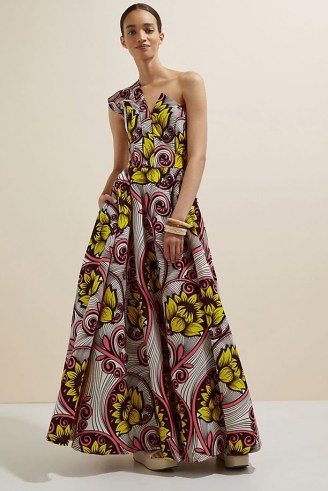 SIKA One-Shoulder Maxi Dress – one shoulder floral print fit and flare maxi dresses ~ statement occasion fashion