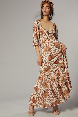 ANTHROPOLOGIE Tiered Floral Maxi Dress Neutral Motif / tie front keyhole detail summer dresses - flipped