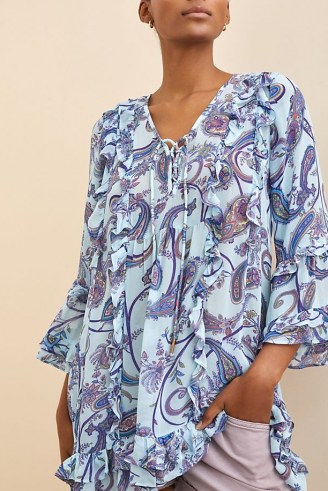 ANTHROPOLOGIE Breezy Sheer Tunic Blouse / paisley print ruffle trim blouses / frill trimmed tunics - flipped