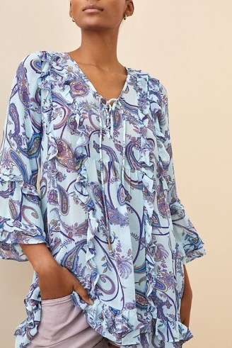 ANTHROPOLOGIE Breezy Sheer Tunic Blouse / paisley print ruffle trim blouses / frill trimmed tunics