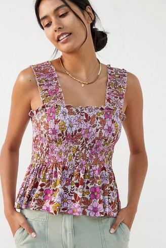 Conditions Apply Katalia Smocked Tank / pink floral smocked detail tops / womens sleeveless square neck peplum cami - flipped