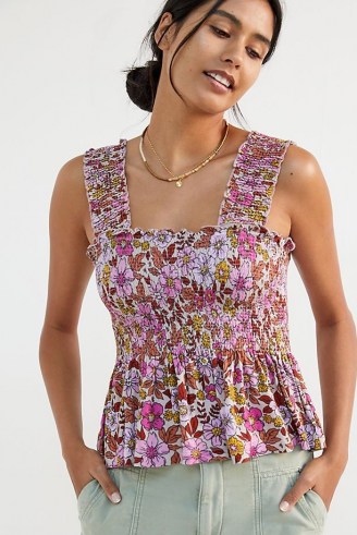 Conditions Apply Katalia Smocked Tank / pink floral smocked detail tops / womens sleeveless square neck peplum cami