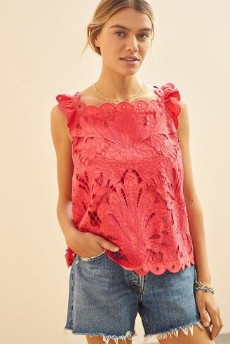 Maeve All-Over Lace Top / red floral scalloped edge cotton tops - flipped