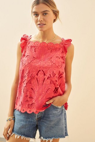 Maeve All-Over Lace Top / red floral scalloped edge cotton tops